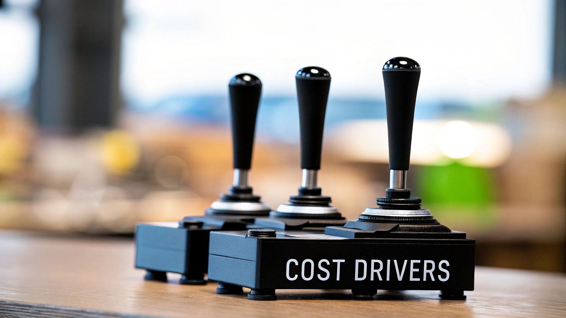 Three black joysticks with 'COST DRIVERS' text, symbolizing financial control and management.