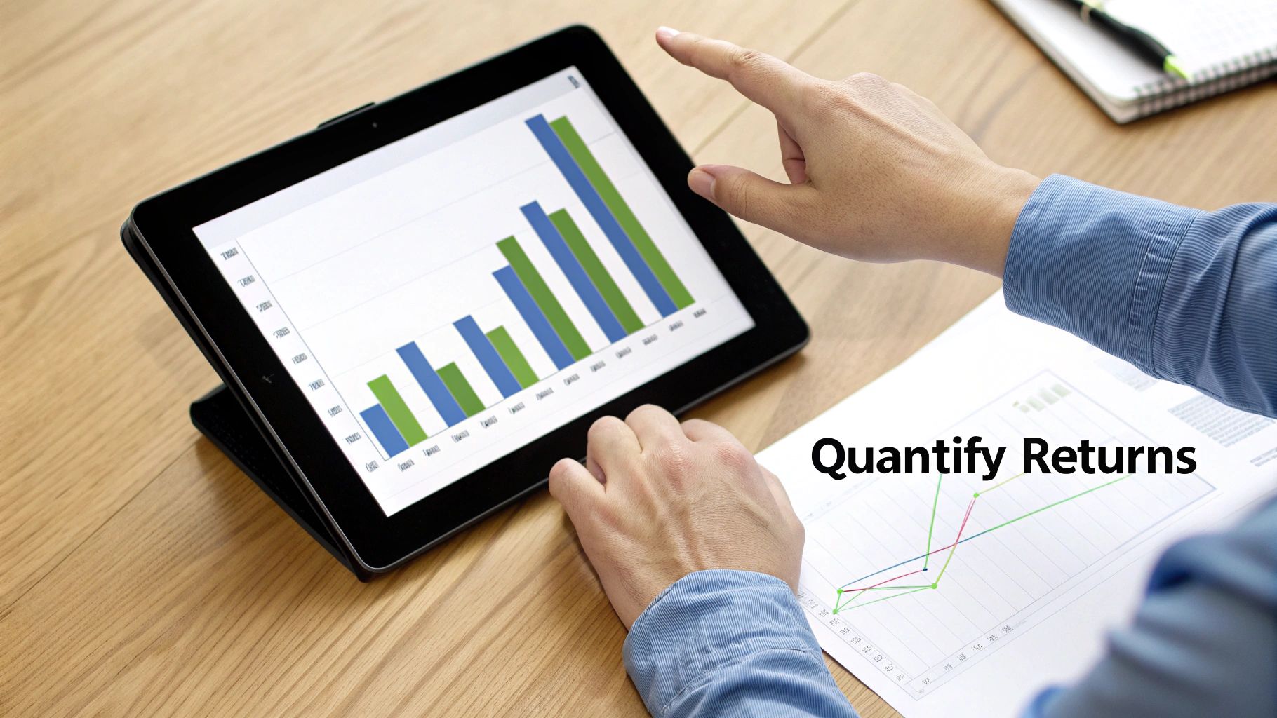 A person's hands interact with a tablet displaying charts and a document with graphs, quantifying returns.