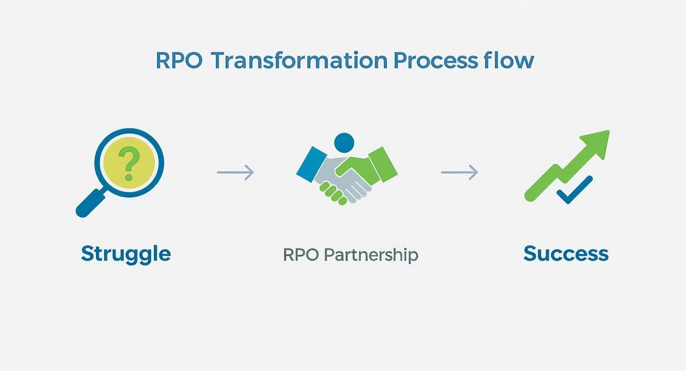 Flowchart illustrating the RPO transformation process from struggle to success through partnership.