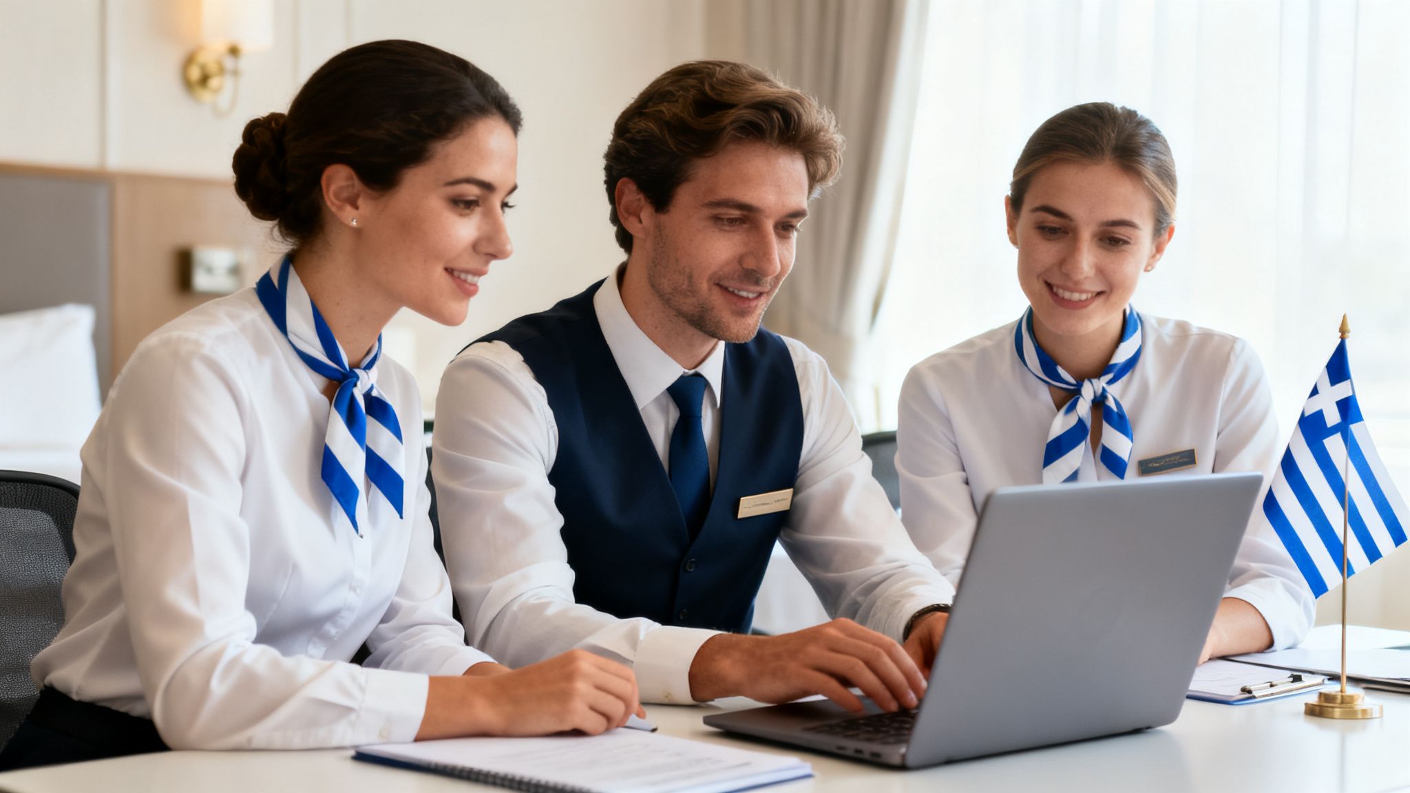 Τρεις χαμογελαστοί εργαζόμενοι ξενοδοχείου σε σεμινάριο, κοιτώντας έναν φορητό υπολογιστή με την ελληνική σημαία.