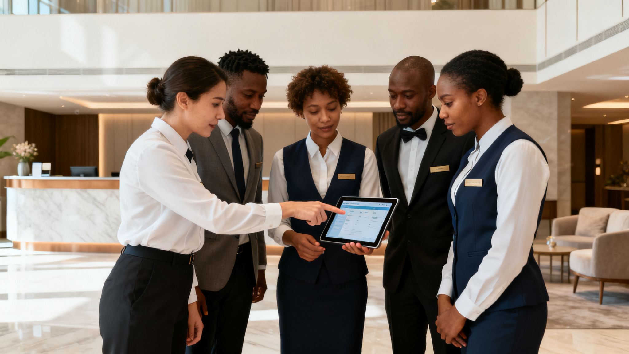 Πέντε υπάλληλοι ξενοδοχείου εξετάζουν ένα τάμπλετ σε ένα σύγχρονο λόμπι.