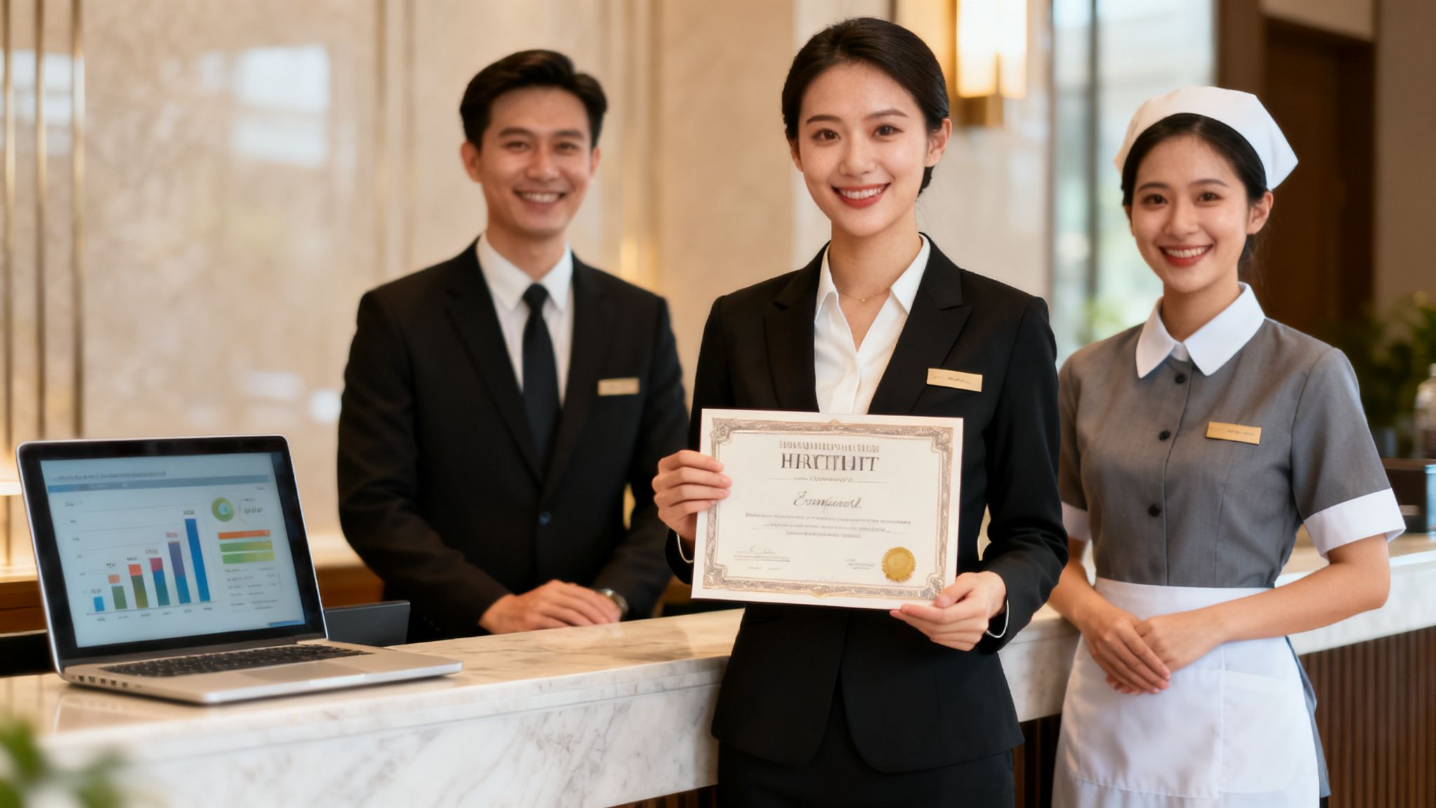 Τρεις χαμογελαστοί εργαζόμενοι ξενοδοχείου, με τη μία να κρατά πιστοποιητικό εκπαίδευσης.