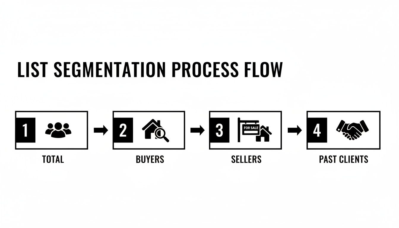 A real estate list segmentation process flow chart showing steps for total contacts, buyers, sellers, and past clients.