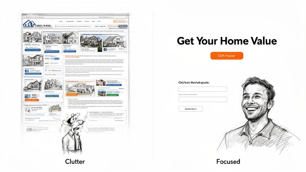 Comparison of cluttered real estate website versus focused landing page for home valuation.