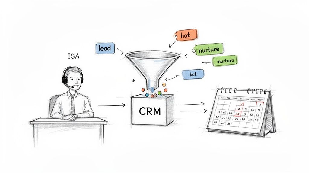Diagram showing an ISA, lead generation funnel, CRM, and calendar for sales process management.