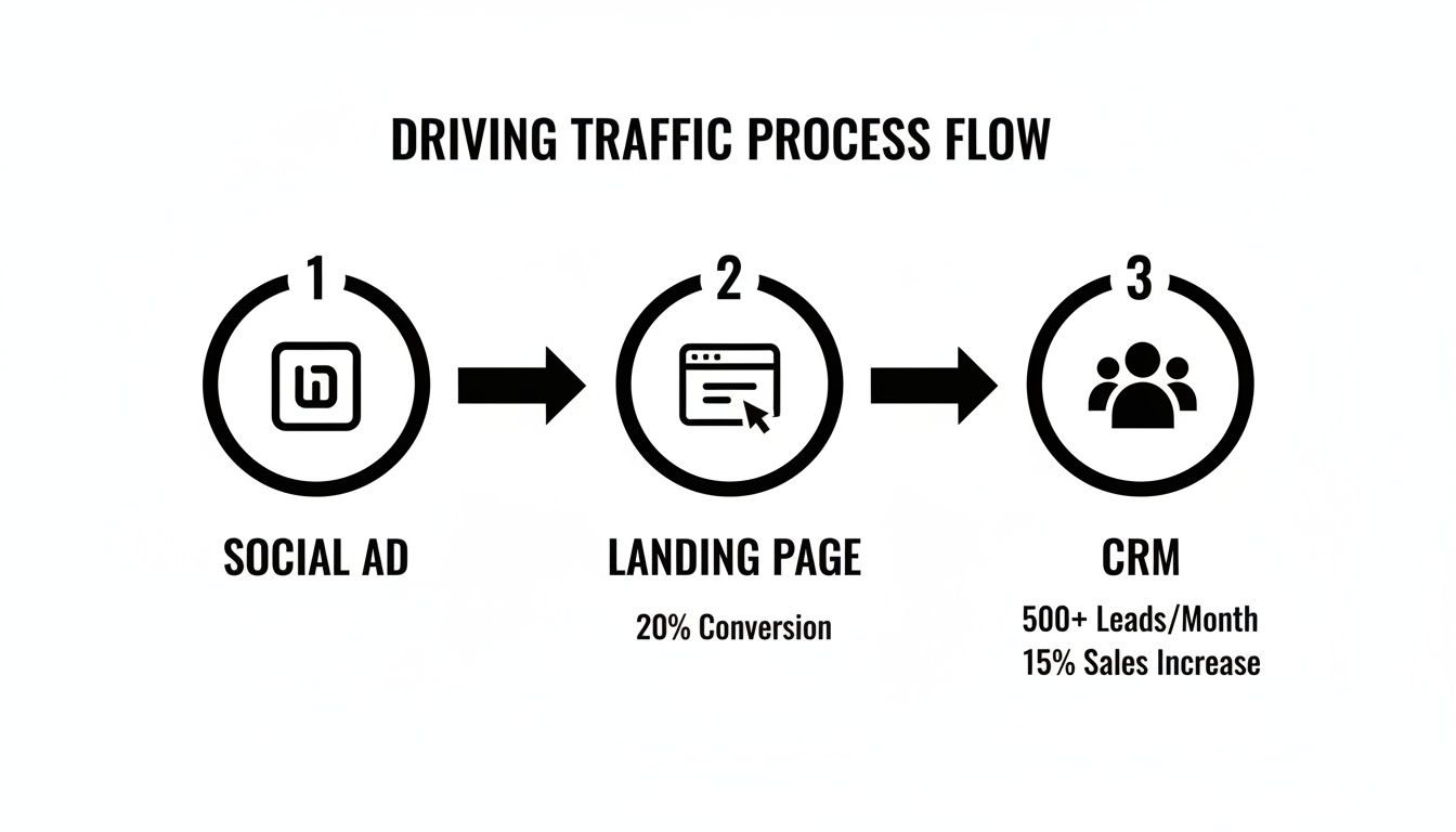 Process flow diagram illustrating traffic generation from social ads to landing pages and CRM with conversion metrics.