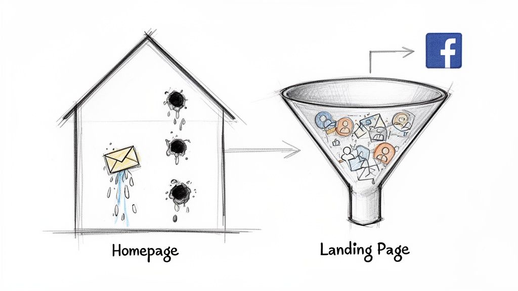 Illustration comparing an inefficient homepage losing leads to an effective landing page funnel capturing them from Facebook.