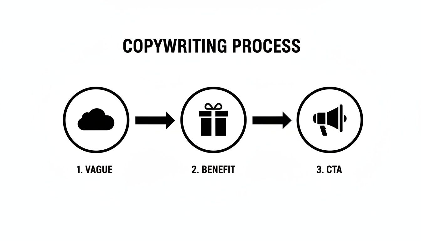A flowchart illustrating the copywriting process with three steps: vague, benefit, and CTA.