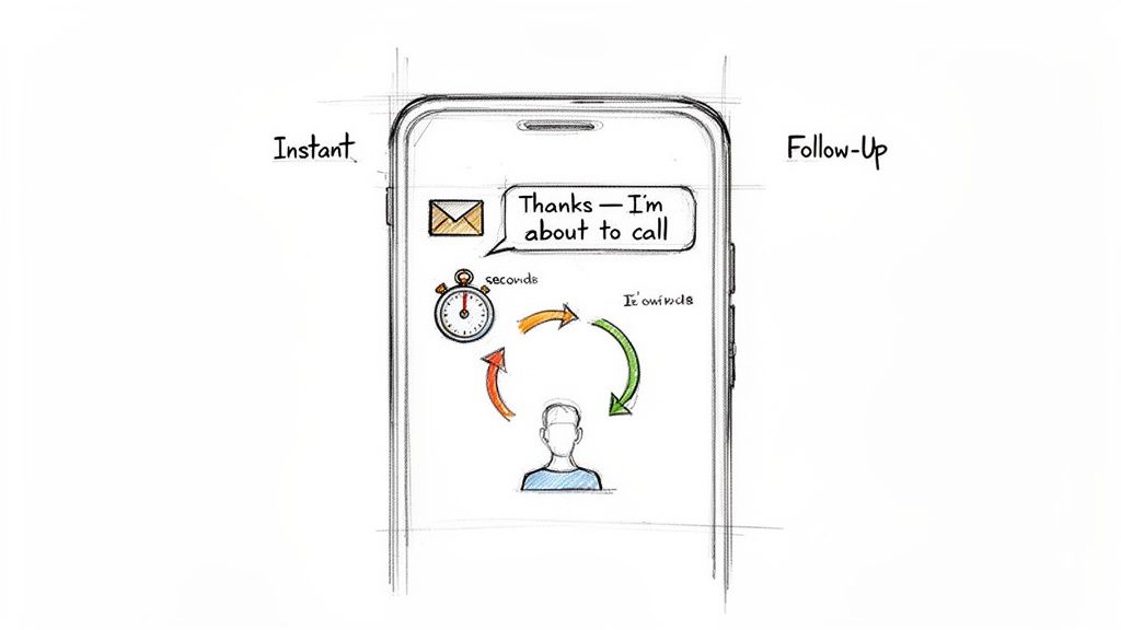 A sketch of a smartphone demonstrating an instant communication and follow-up cycle for lead engagement.