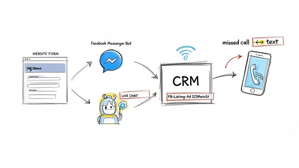 Flowchart showing a real estate lead generation system from website forms, Messenger bot, live chat to CRM, and phone follow-up.