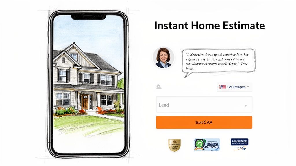 A mobile phone displays a sketched house, next to a real estate landing page for instant home estimates.