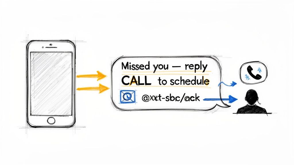 A hand-drawn diagram illustrating a smartphone receiving a 'missed call' message with reply options.