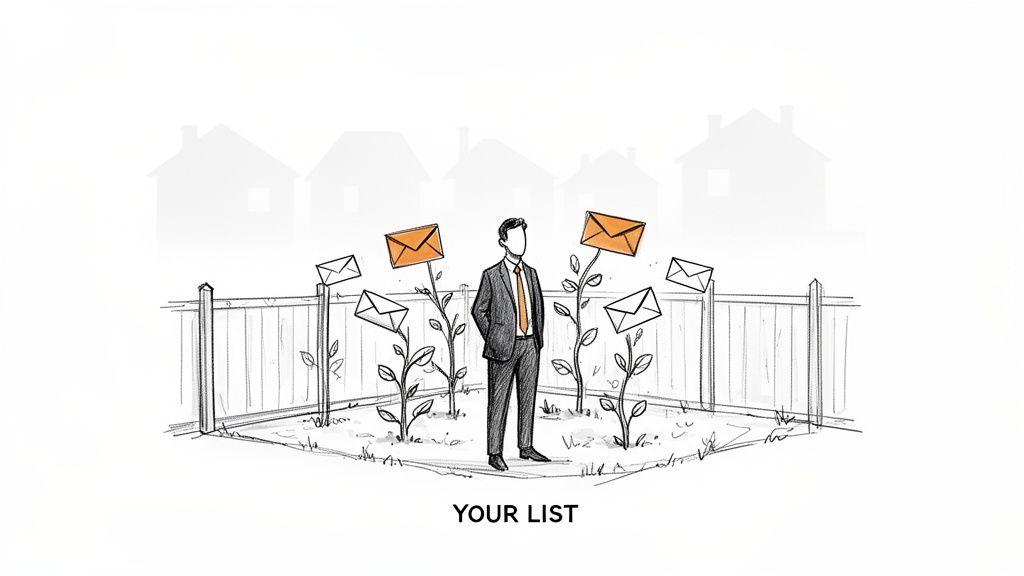A businessman tending a garden where email envelopes grow on plants, representing an email list.
