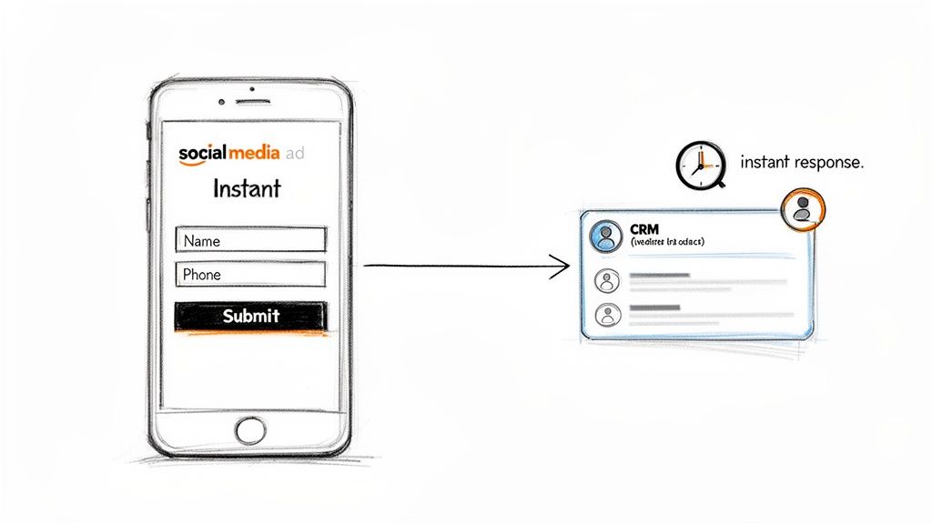 Diagram showing instant lead generation from a social media ad form on a phone to a CRM system.