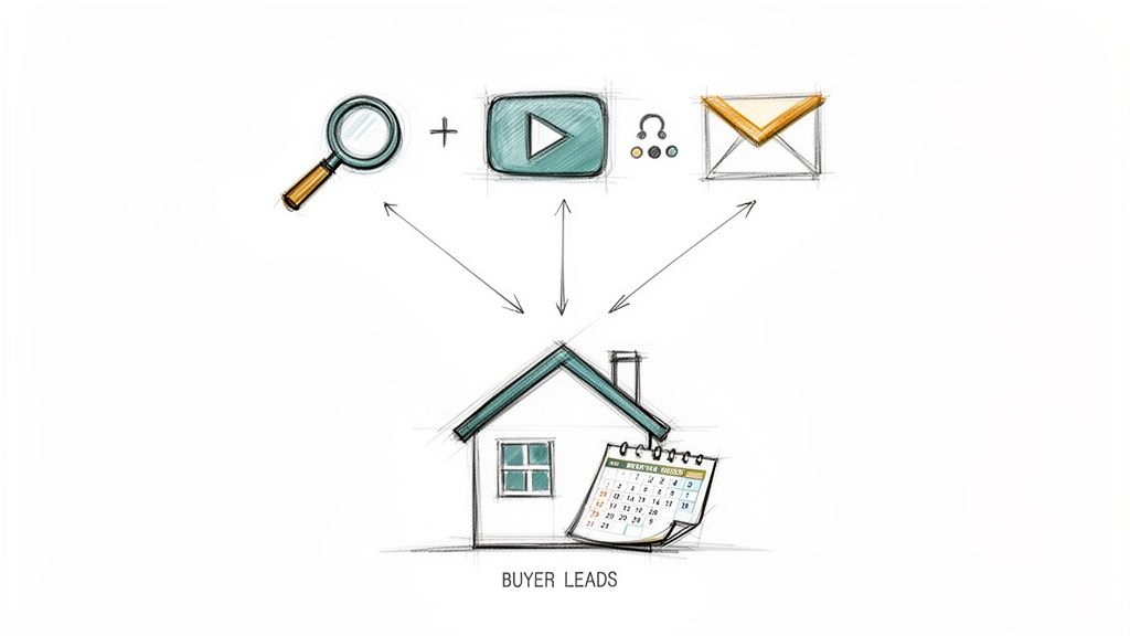 Hand-drawn diagram illustrating digital marketing strategies for generating real estate buyer leads with a house and calendar.