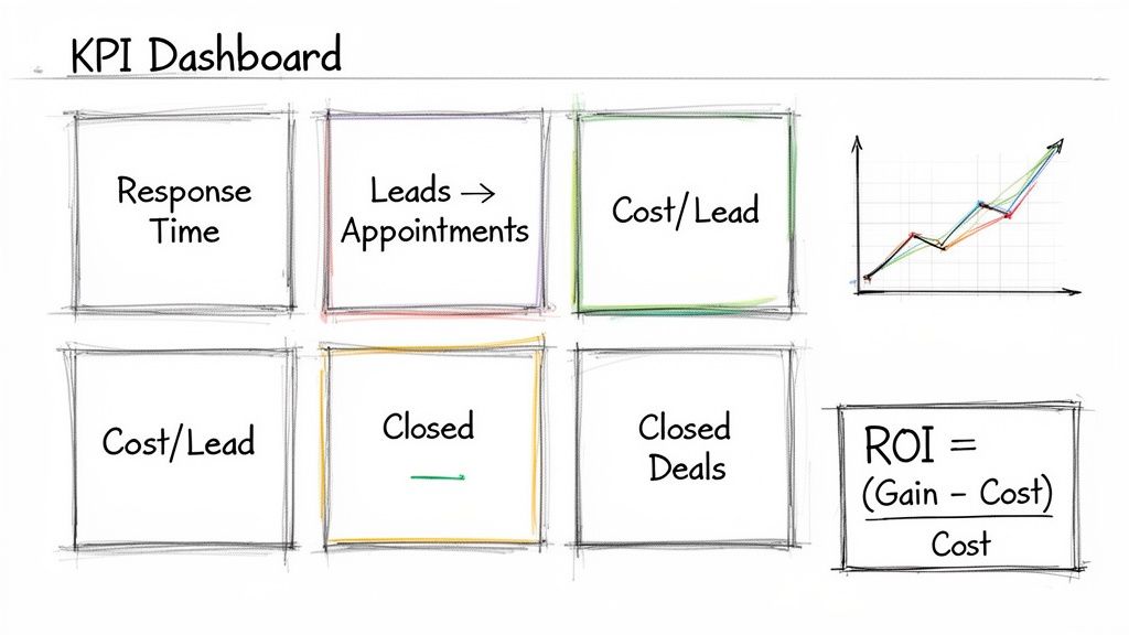 A handwritten sketch of a KPI dashboard displaying key performance indicators like response time and ROI.