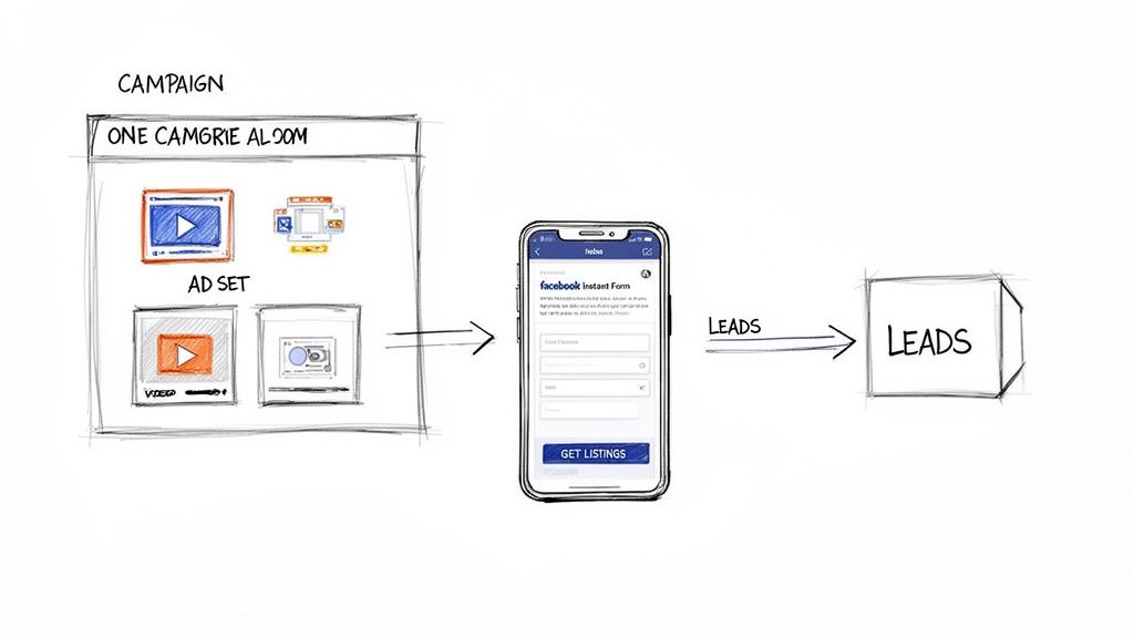 Flowchart showing a marketing campaign and ad sets leading to Facebook Instant Form for lead generation.