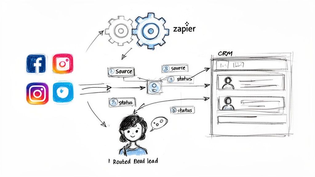 Workflow diagram of social media leads, processed by Zapier, routed to CRM or as dead leads.