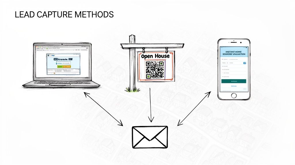 Illustration of various lead capture methods: laptop form, Open House QR code, and smartphone app, feeding into email.