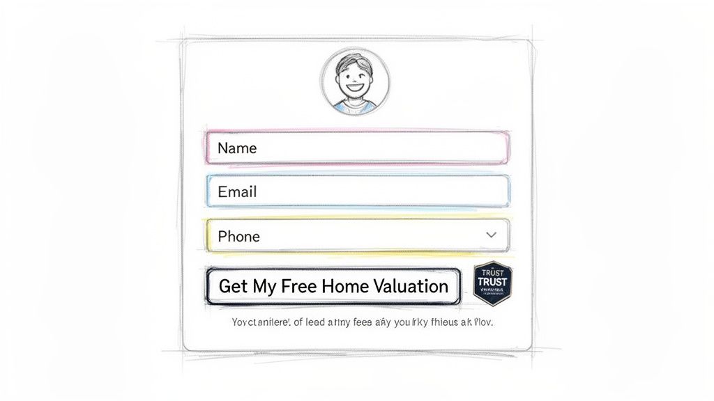 A sketch of a real estate lead form with name, email, phone fields, and a 'Get My Free Home Valuation' button.