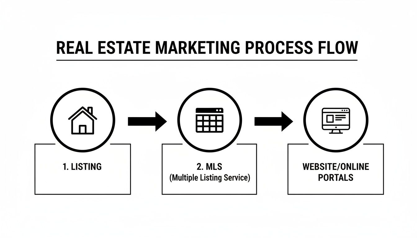 A real estate marketing process flow diagram showing steps from listing to MLS and online portals.