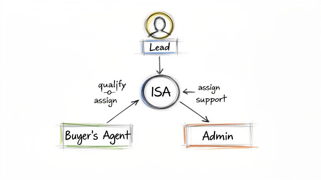 A flowchart illustrates a real estate lead qualification and assignment process involving an ISA.