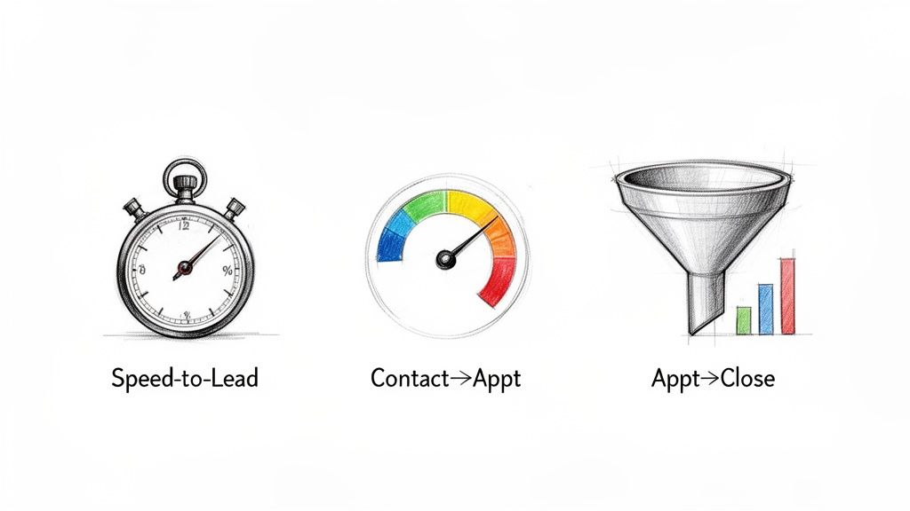 Pencil sketches showing a stopwatch for speed-to-lead, a gauge for contact-to-appointment, and a funnel for appointment-to-close stages.