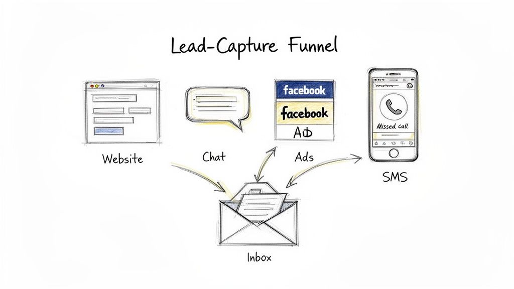 A hand-drawn diagram illustrating a lead-capture funnel with sources like website, chat, ads, and SMS feeding into an inbox.