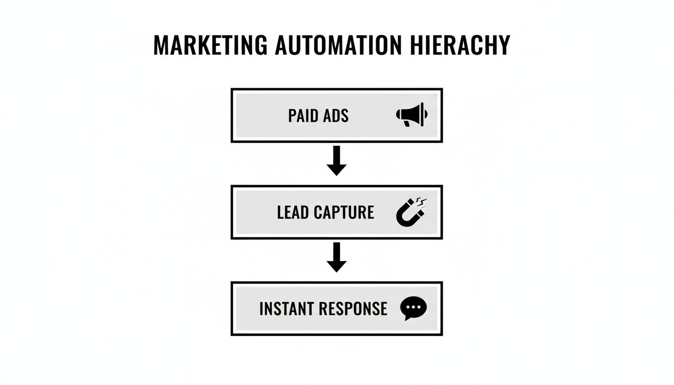Flowchart illustrating the marketing automation hierarchy: Paid Ads, Lead Capture, and Instant Response.