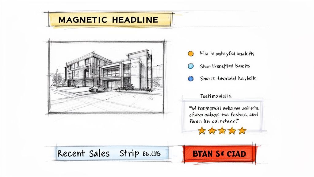 A hand-drawn sketch of a real estate landing page, showing a modern building, features, testimonials, and a call to action.