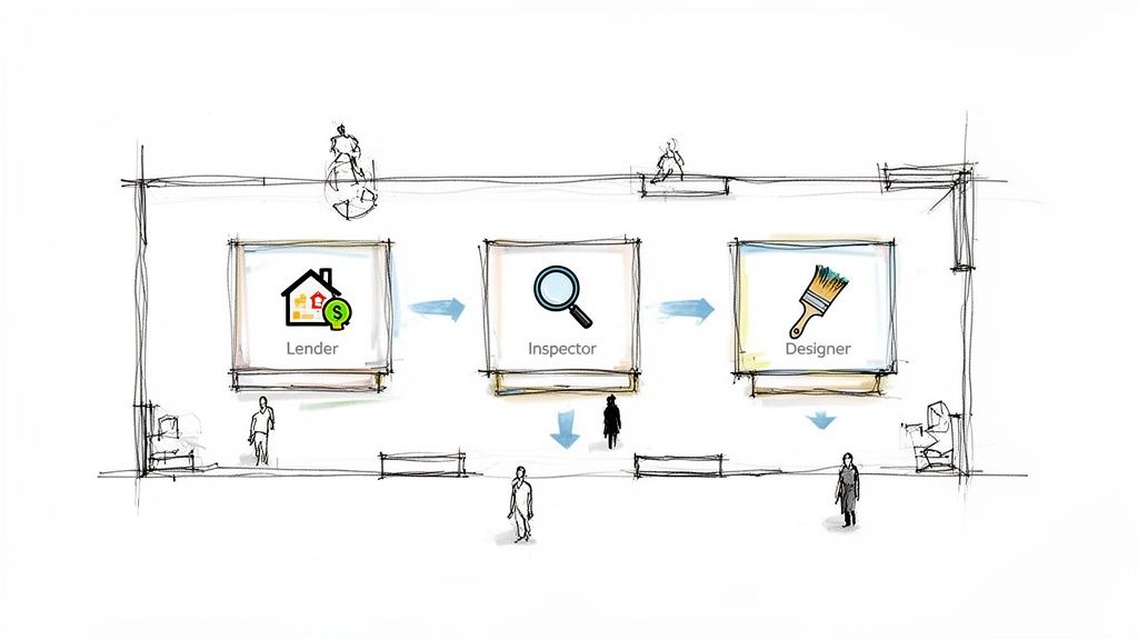 A sketched diagram illustrating a three-step process flow: Lender, Inspector, and Designer.
