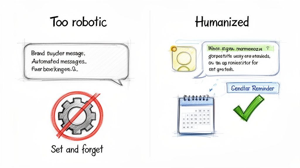Visual comparison showing a 'too robotic' automated message versus a 'humanized' personalized message.