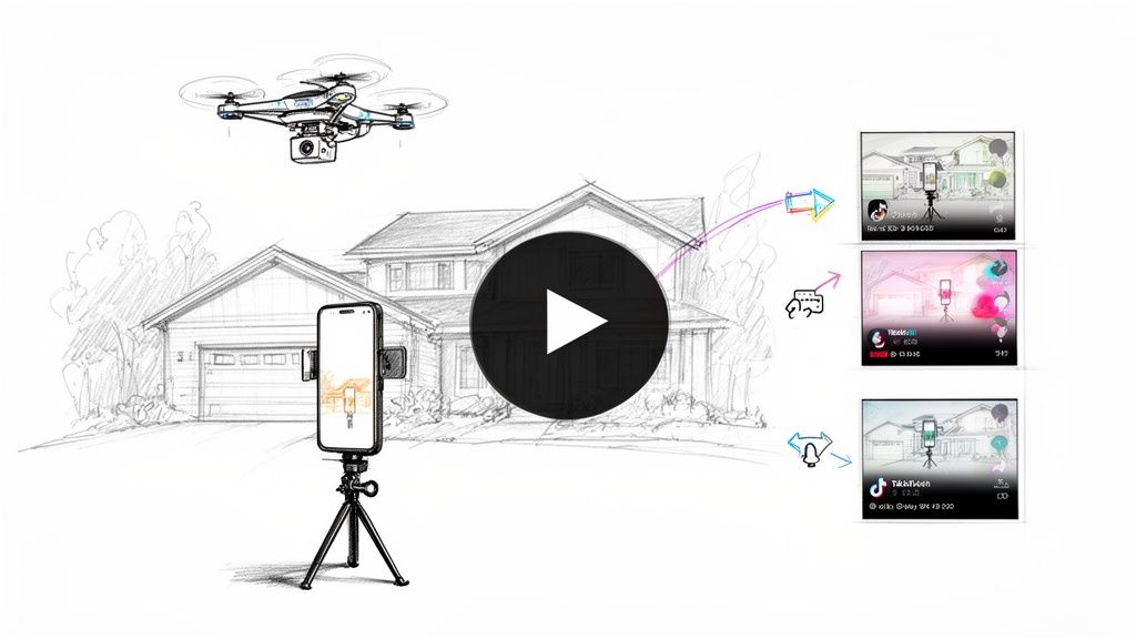 Digital marketing concept showing drone footage, smartphone setup, and social media feeds for a house.