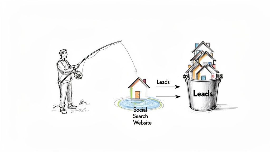 Illustration of a man fishing for real estate leads from a social search website into a bucket.