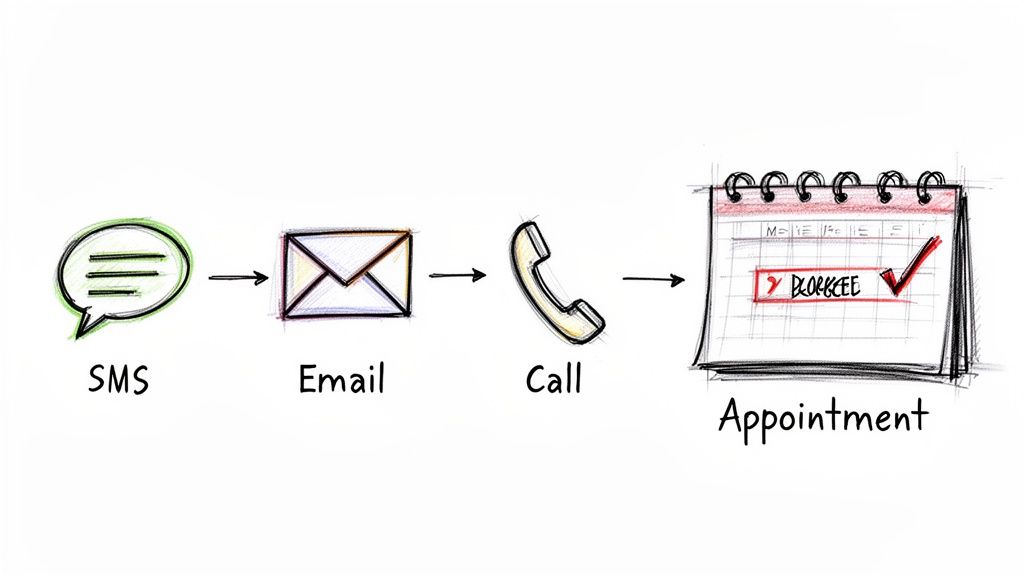 Diagram illustrating the process from initial SMS contact to email, call, and finally, a confirmed appointment.