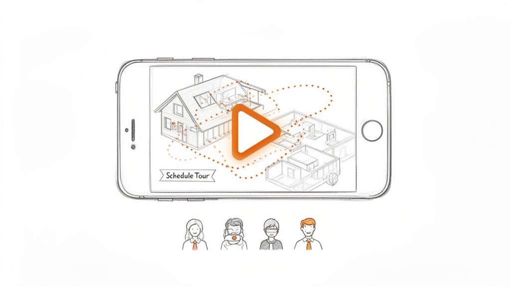 A smartphone displays a house blueprint with a play button for a virtual tour, and four illustrated people below.