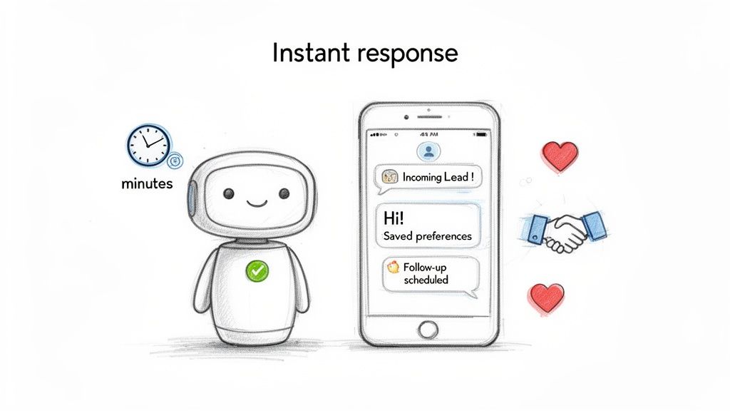 An illustration of a robot providing instant lead responses and follow-ups via a mobile app, signifying marketing automation.