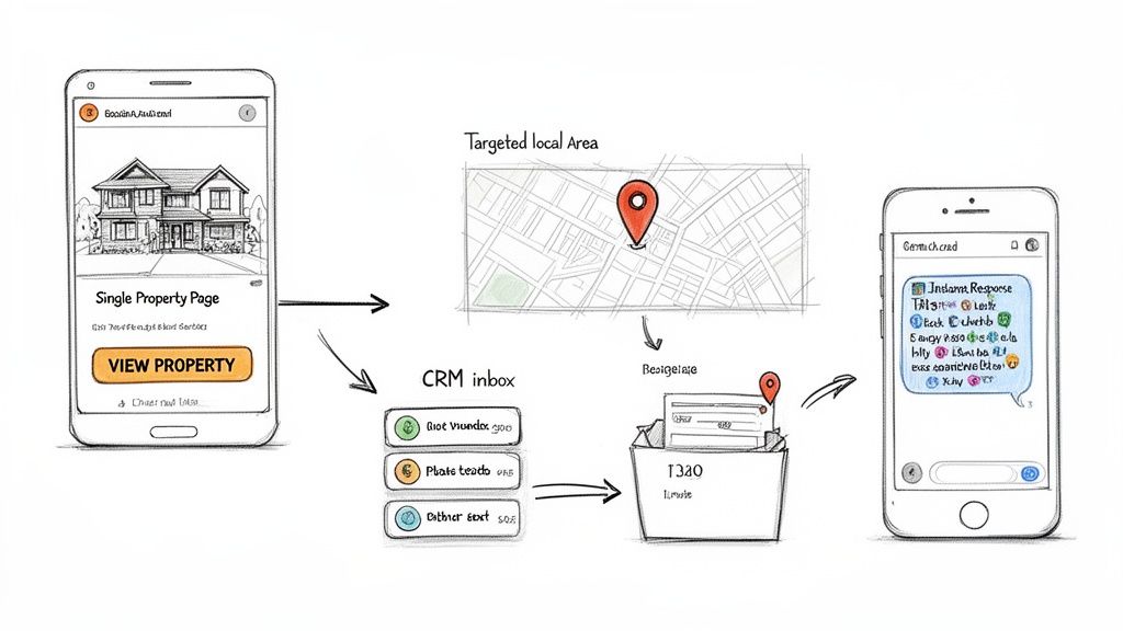 Diagram illustrates the journey from a single property listing page to targeted local leads and instant messaging.