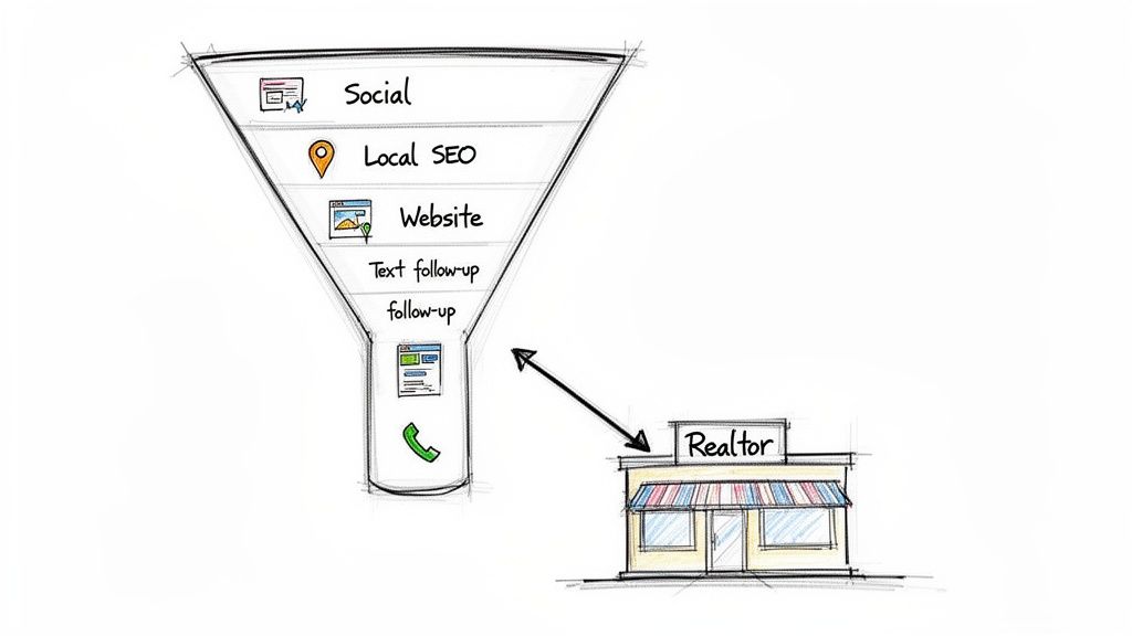 Illustration of a real estate lead generation funnel showing social, local SEO, website, and follow-up leading to a realtor.