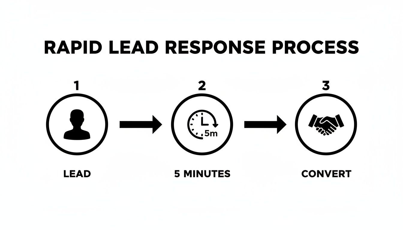 A diagram illustrating the rapid lead response process: lead acquisition, response within 5 minutes, and conversion.