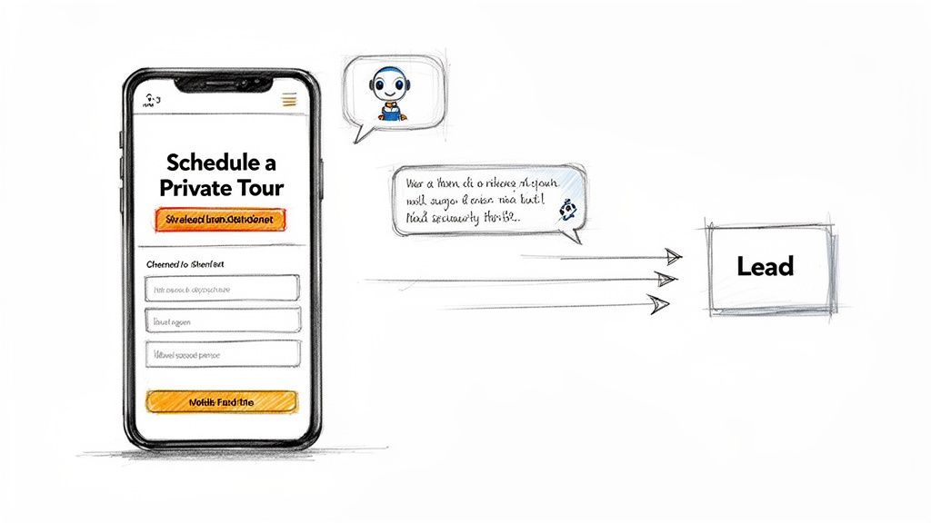 Smartphone displaying a tour scheduling form, a chatbot, and arrows leading to a 'Lead' box.