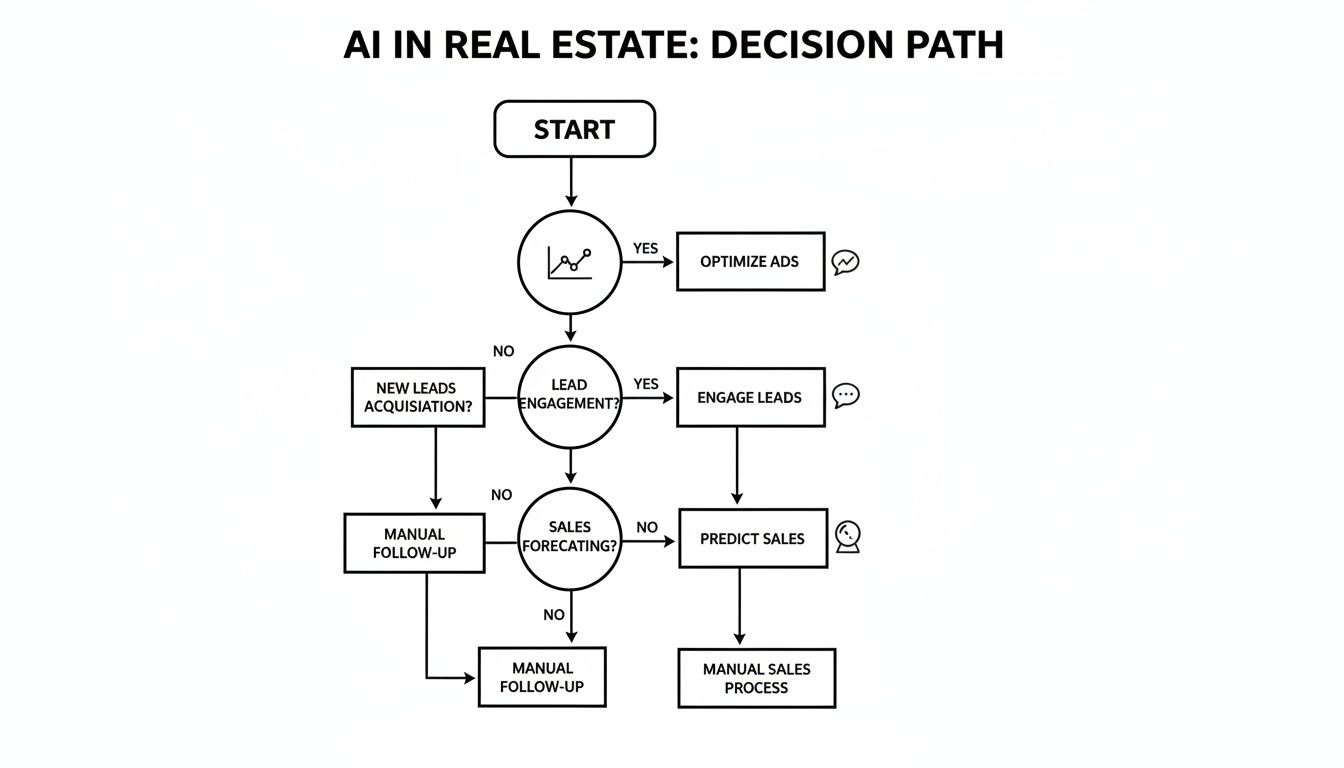 Flowchart illustrating AI's decision path in real estate for lead generation, engagement, and sales forecasting.