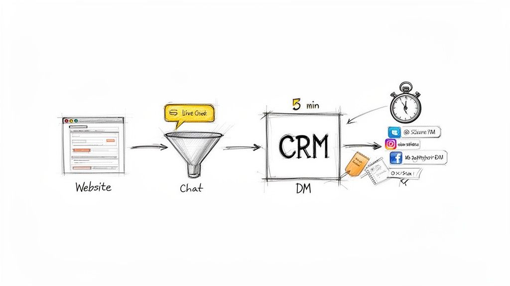 Diagram showing a lead generation process from website via live chat to CRM and social media follow-up.