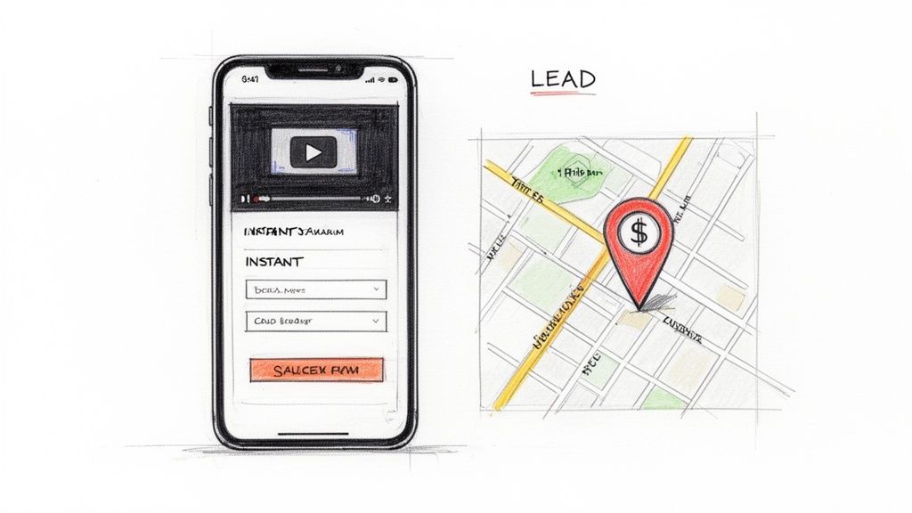 Sketch of a smartphone app with video content and a map marking a real estate client lead.