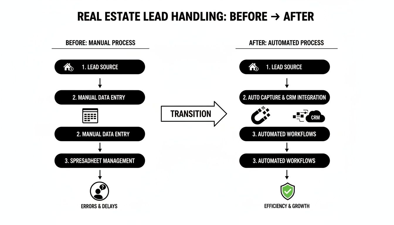 Diagram comparing manual versus automated real estate lead handling processes, highlighting the benefits of automation.