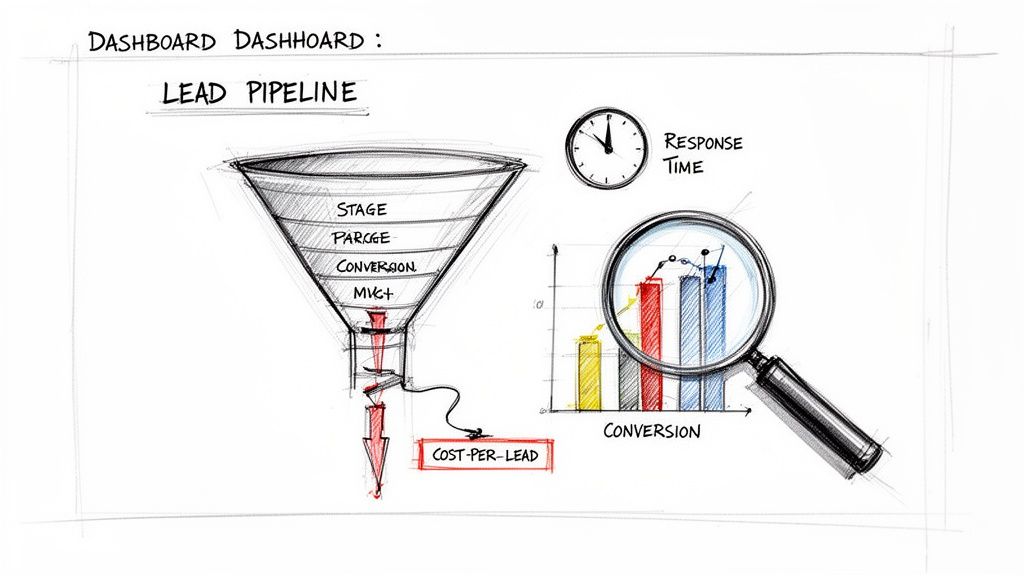 Hand-drawn dashboard sketch illustrating a lead pipeline funnel with stages, conversion, cost-per-lead, and response time.
