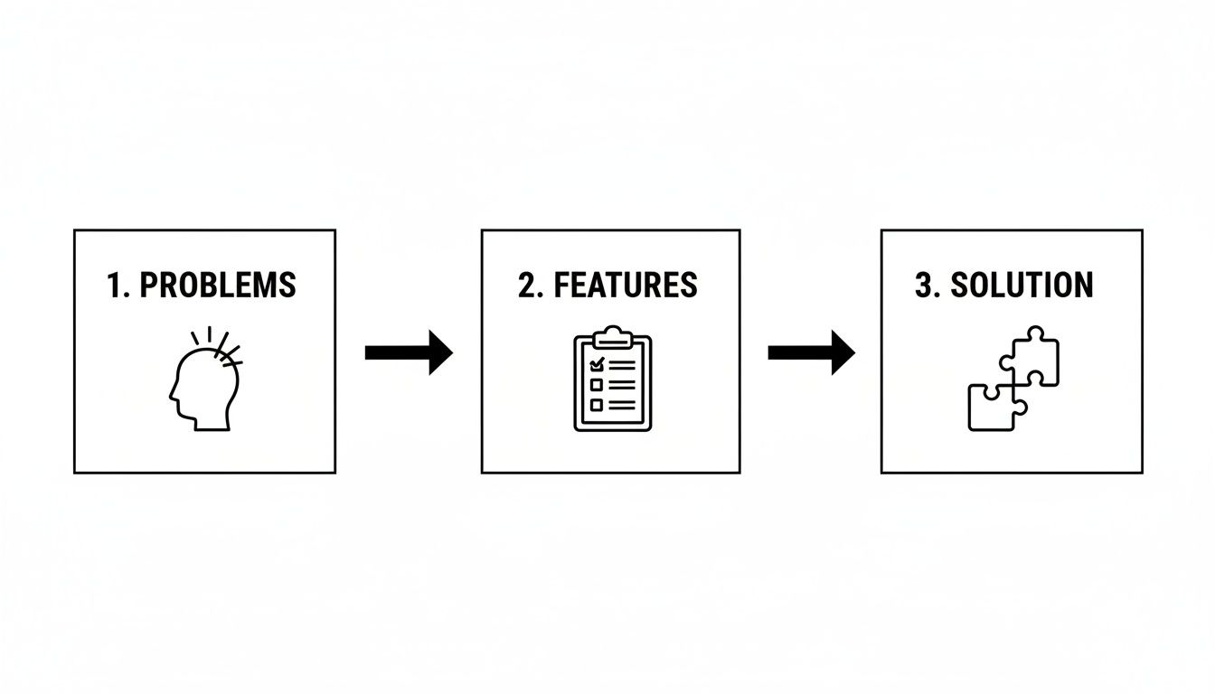 Diagram illustrating a three-step process: problems, features, and finding a solution.