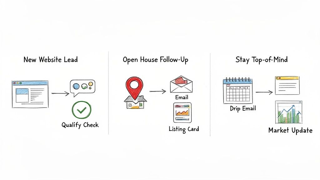 Diagram illustrating real estate marketing automation workflow with lead generation, open house follow-up, and drip emails.