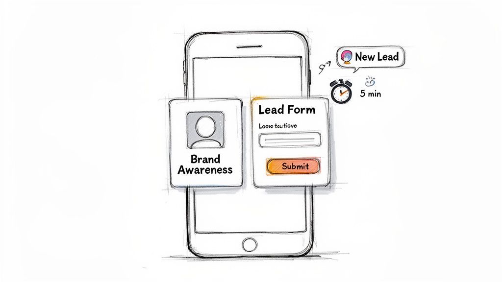 Sketch of a smartphone displaying a lead form, brand awareness card, and a new lead notification.