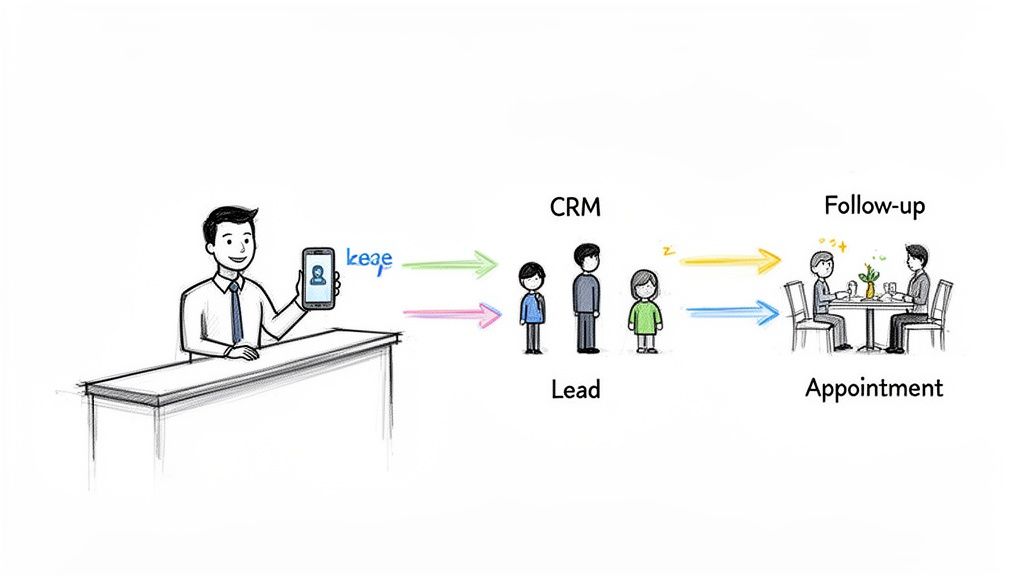 Diagram illustrating a business workflow from mobile lead generation to CRM and customer appointments.